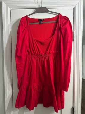 Aqua Red Long-Sleeve Puff-Sleeve Babydoll Dress